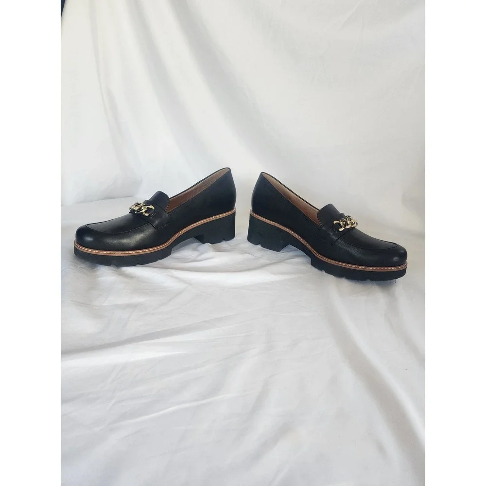 Naturalizer Darry Black Leather Chunky Lug Sole Chain Loafers Womens 12W Wide